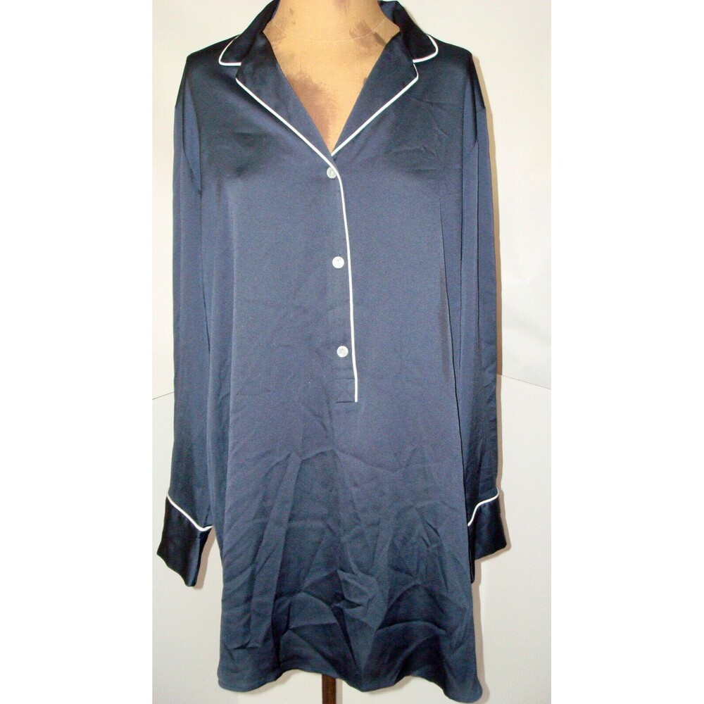 NWT New Designer Natori Womens M SleepShirt Cotton Dark Blue White Satin Silky